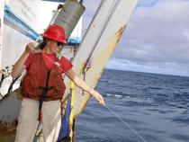 Chemistry Professor Claire Till on deck of the “R/V Marcus Langseth” in the Galápagos Marine Reserve. Photos courtesy of Karina Vivanco.